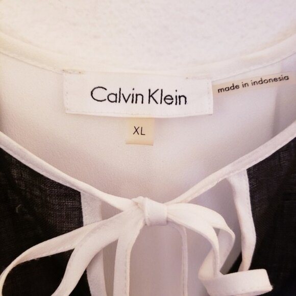 Calvin Klein Black/White Sheer Linen Mixed Media Sleeveless Top w/Tie Sz XL EUC - Picture 7 of 8